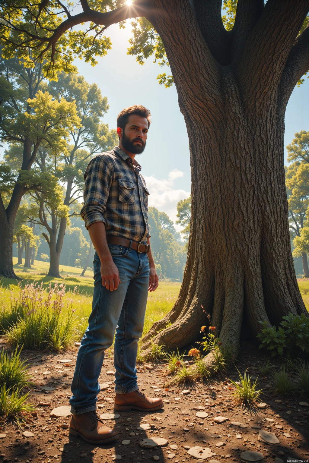 A man stands outdoors in a sunny forest, leaning against a large tree.