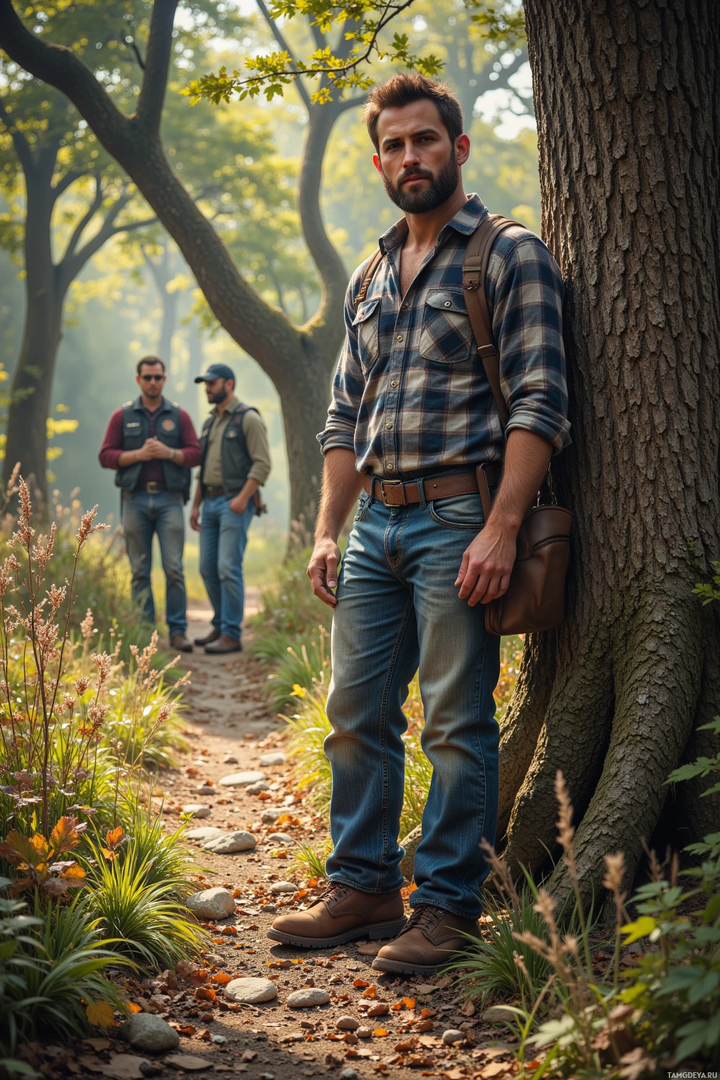 A man in a plaid shirt and jeans leans against a tree in a forest setting.
