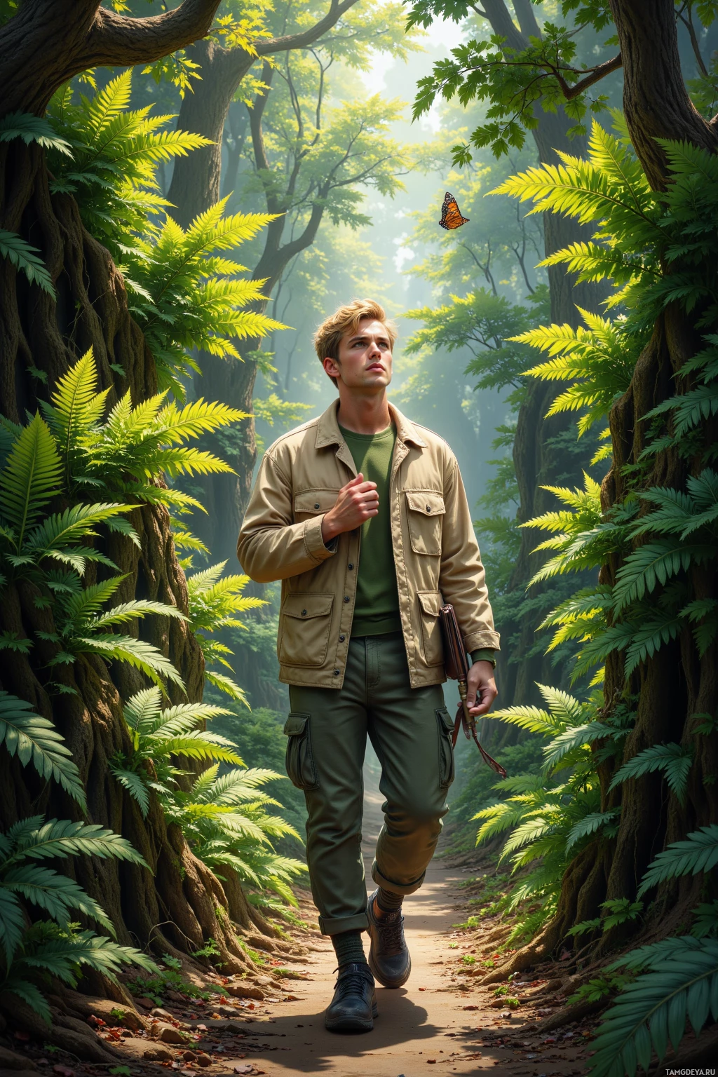 A man in a forest path, surrounded by lush greenery and sunlight filtering through the trees.