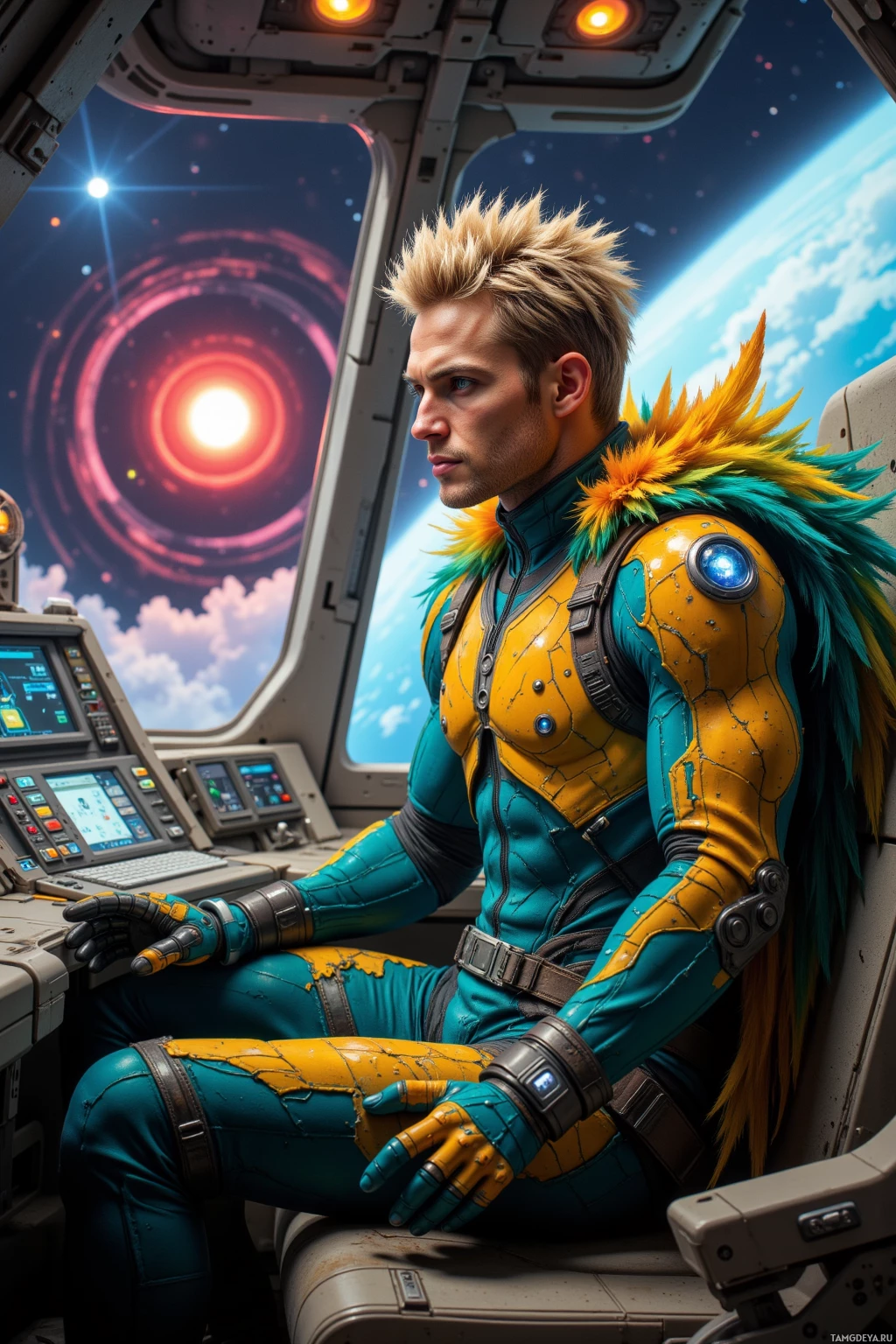 A person in a futuristic, colorful spacesuit sits inside a spacecraft, gazing out at a vibrant cosmic scene.