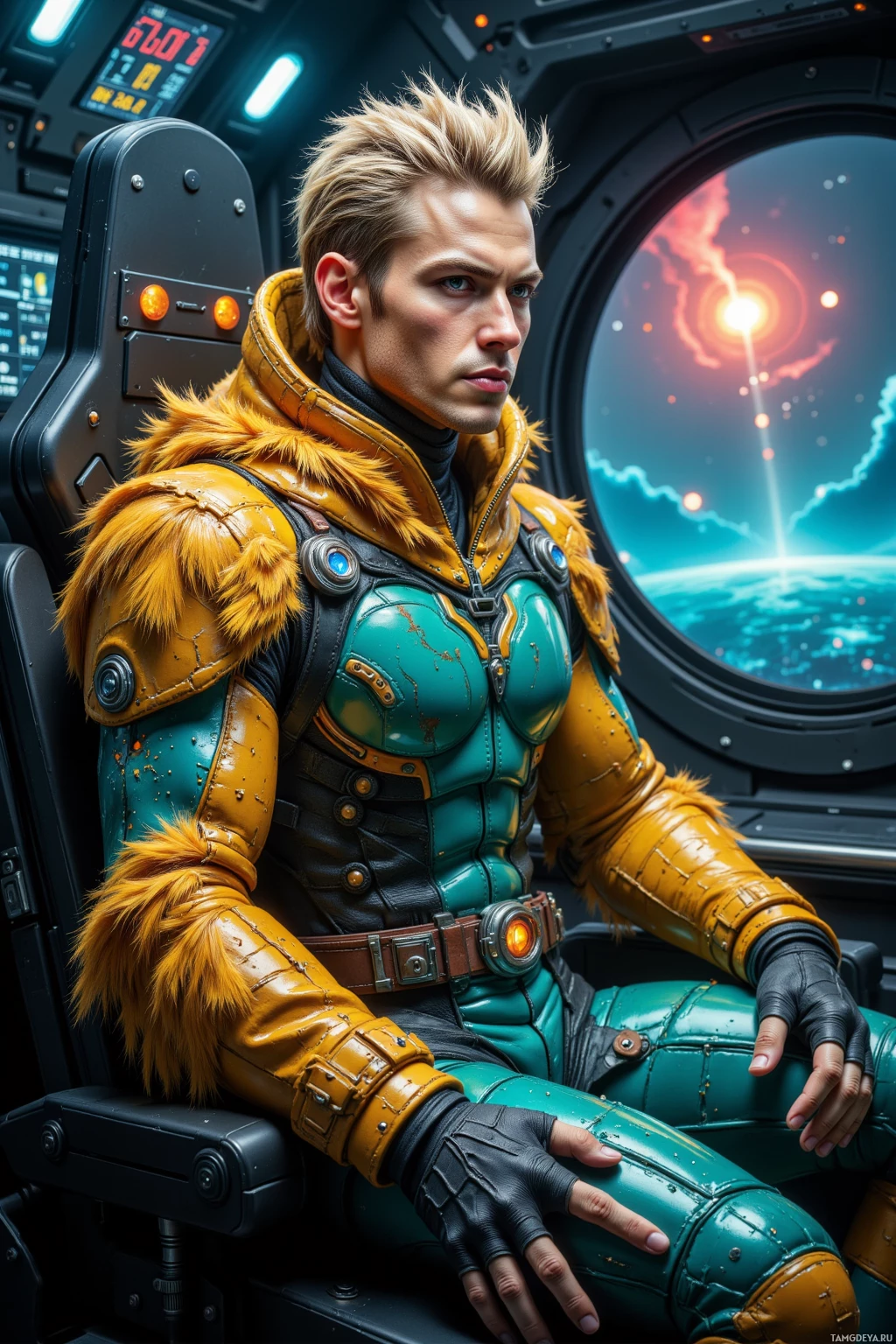 A person in a futuristic, space-themed outfit sits inside a spacecraft, gazing out at a glowing, cosmic scene.