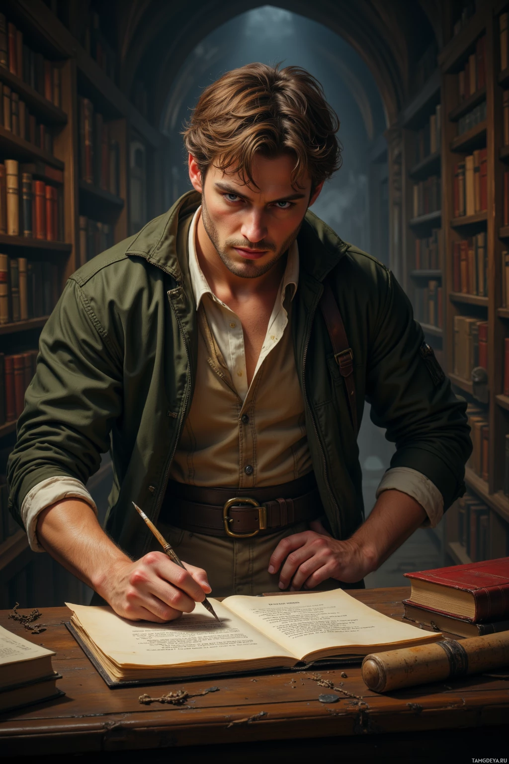 A man in a library, writing in a notebook with a quill pen.