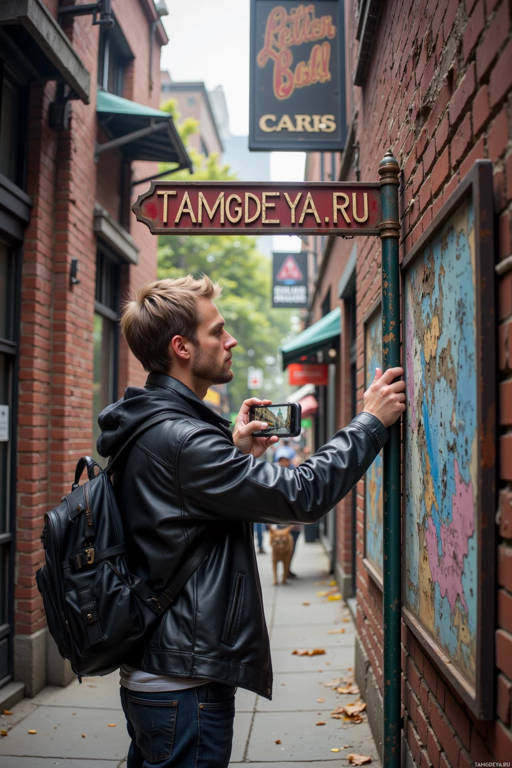 A man in a leather jacket takes a photo of a sign with his phone.