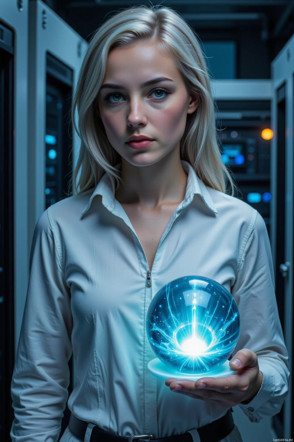 A person in a white shirt holds a glowing blue orb in a server room.