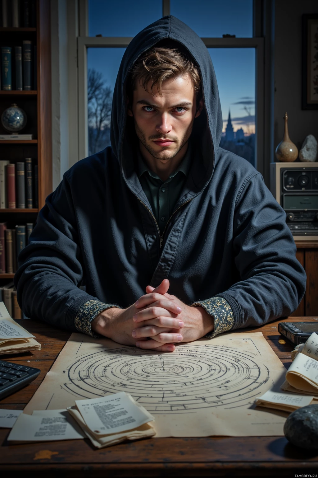 A person in a hoodie sits at a desk with a circular diagram and scattered papers.