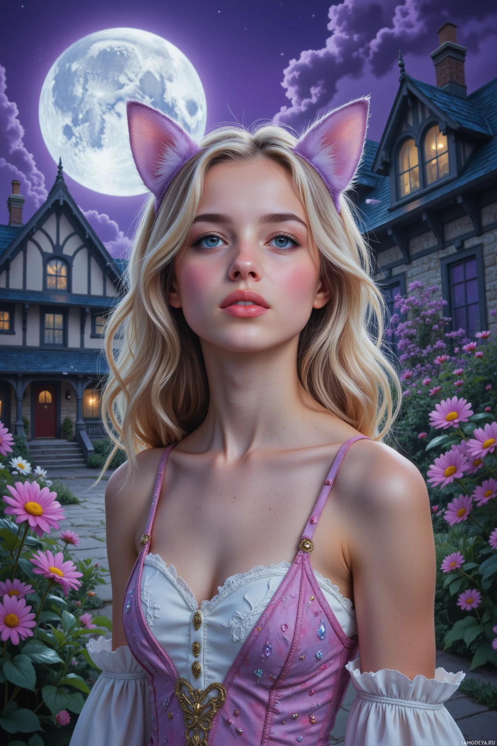 A woman with cat ears stands in front of a house with a full moon and flowers in the background.