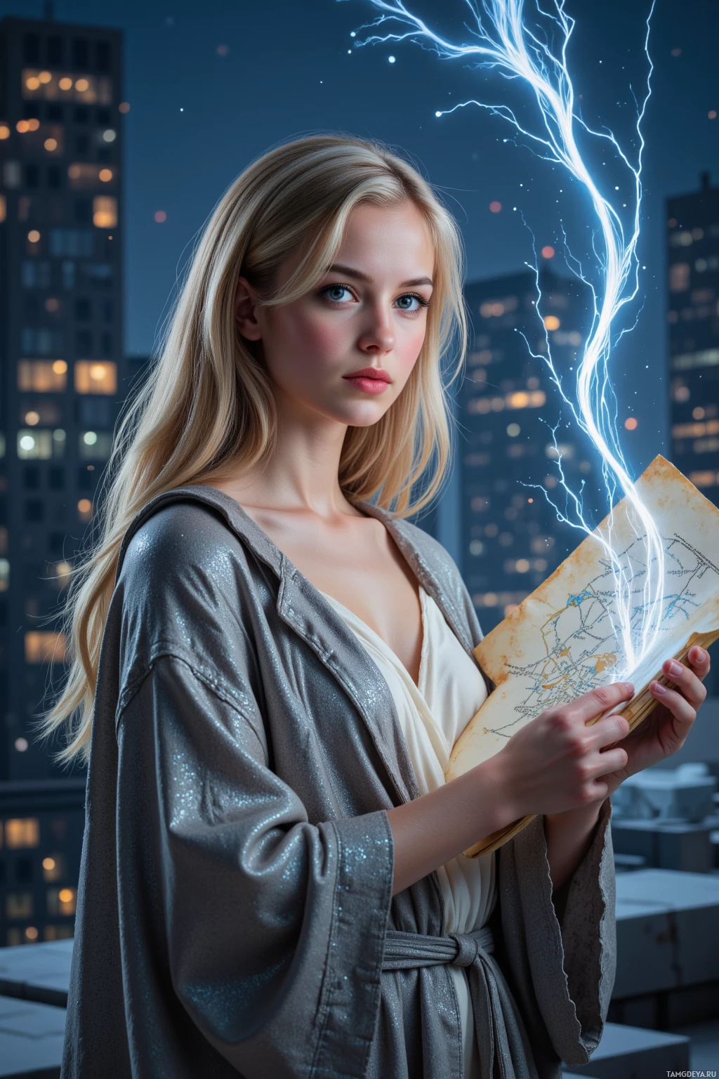A woman stands on a rooftop at night, holding a glowing book with a cityscape in the background.