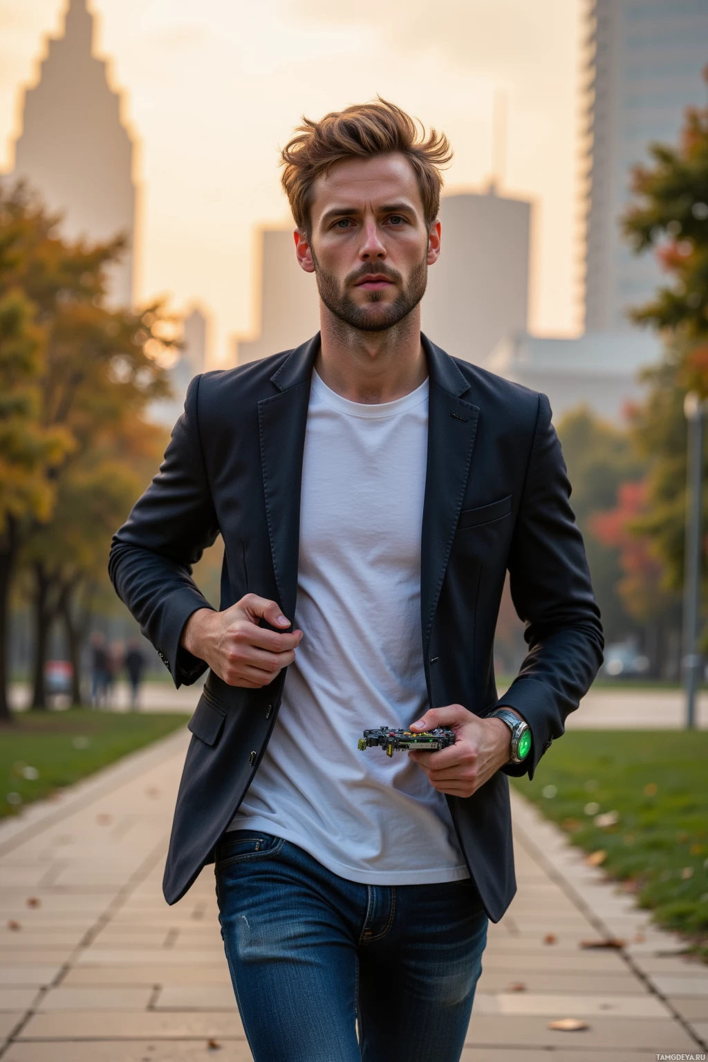 A man in a suit jacket and jeans walks outdoors, holding a small device in his hand.
