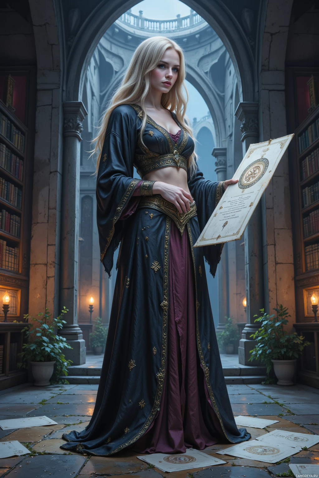A woman in an ornate medieval-style gown stands in a grand, dimly lit library.