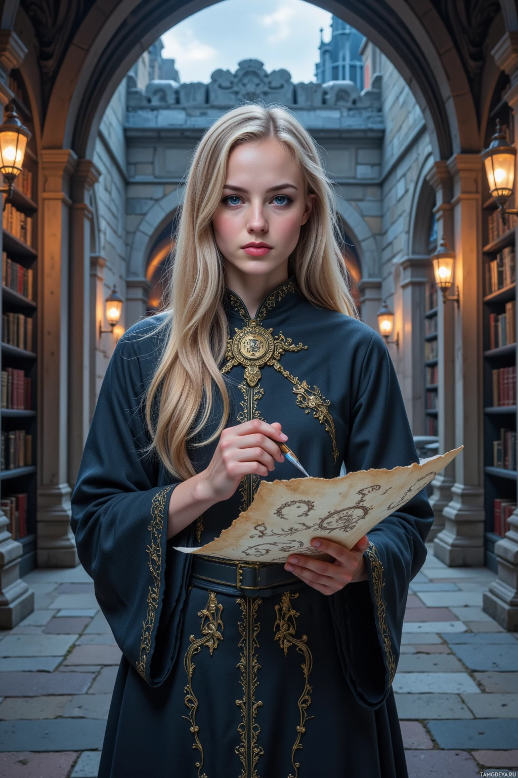 A person in a dark, ornate robe stands in a library, holding a quill and parchment.