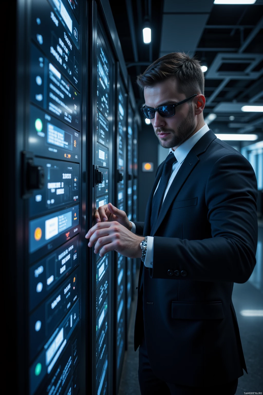 A man in a suit and sunglasses interacts with a high-tech control panel in a dimly lit environment.