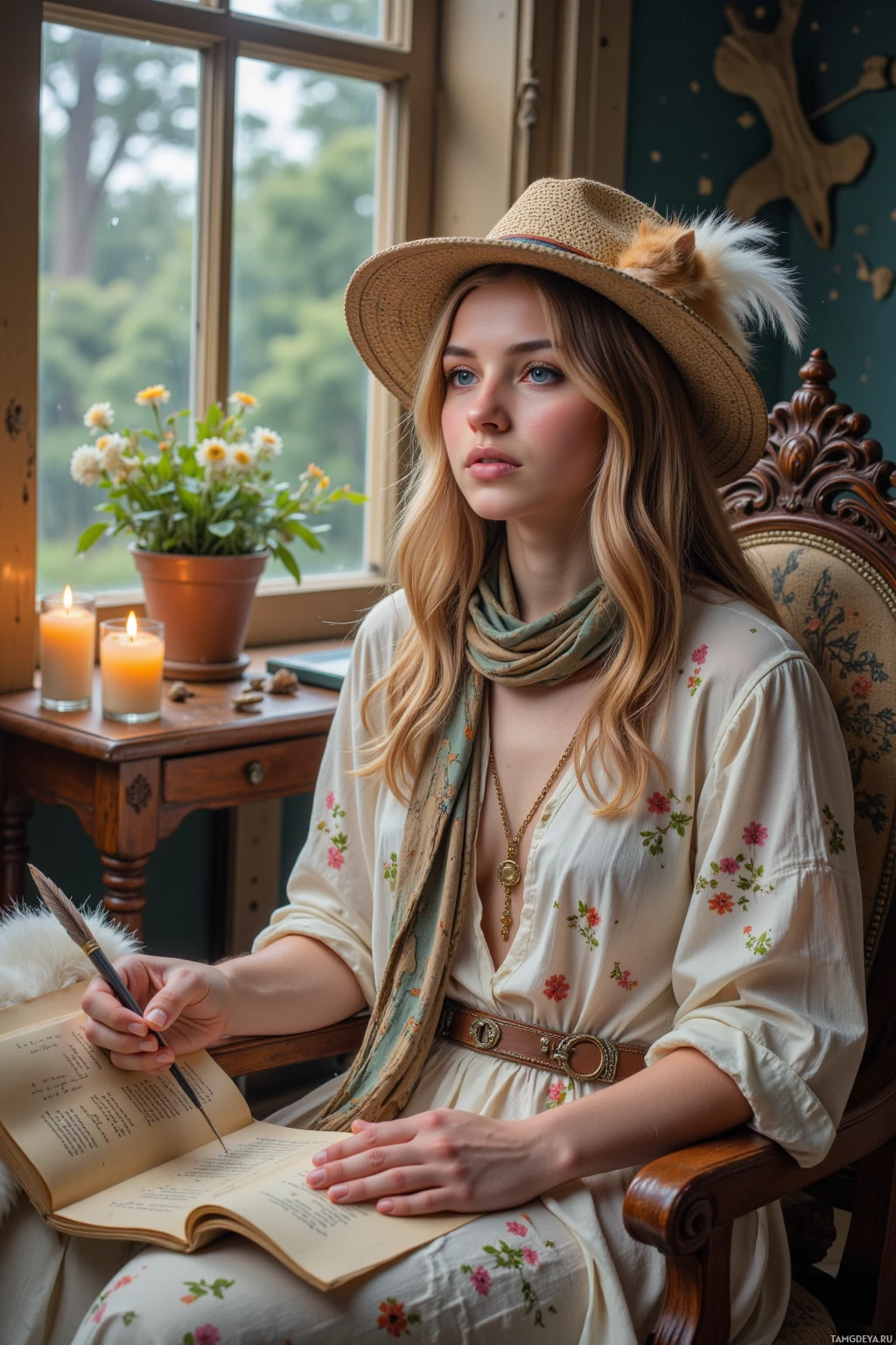 A woman in a floral dress and straw hat sits at a wooden table, writing in a book with a quill pen.