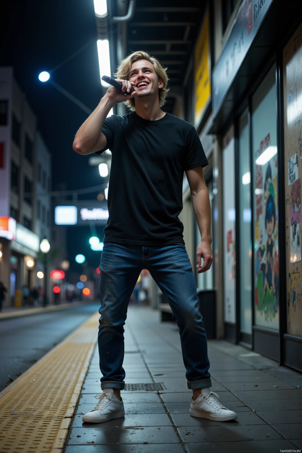 A person stands on a city sidewalk at night, holding a microphone and smiling.
