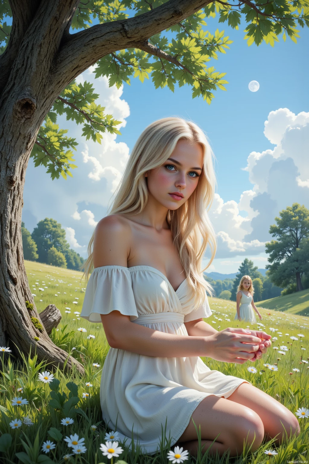 A woman in a white dress sits in a field of daisies under a tree on a sunny day.