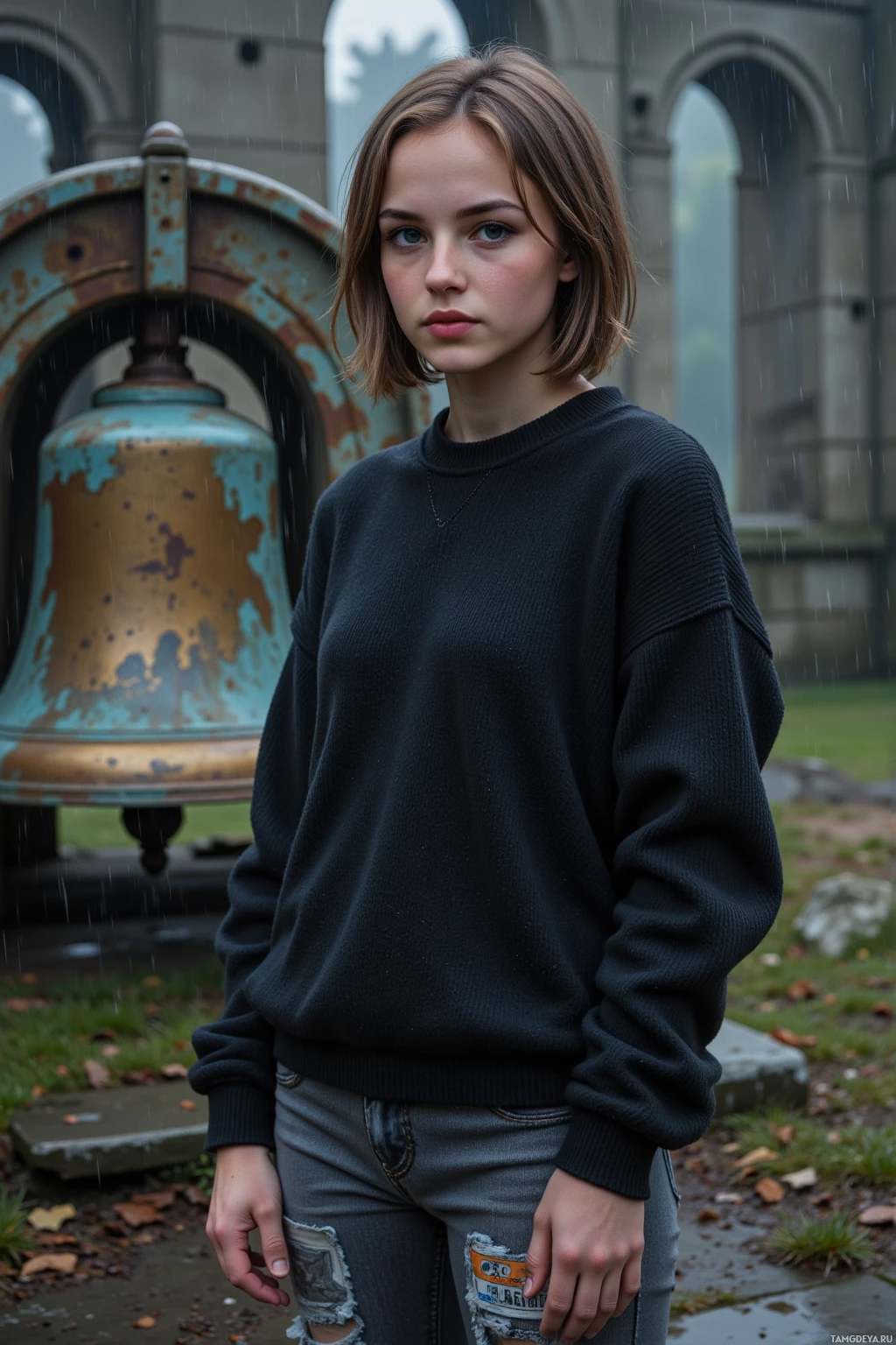 A person stands in the rain near a large bell, wearing a black sweater and ripped jeans.