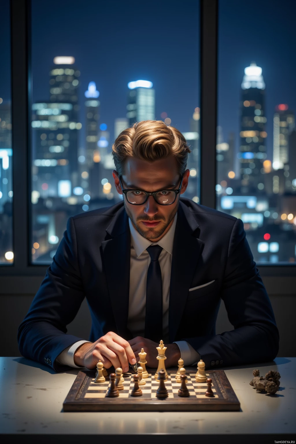 A man in a suit plays chess in front of a cityscape at night.