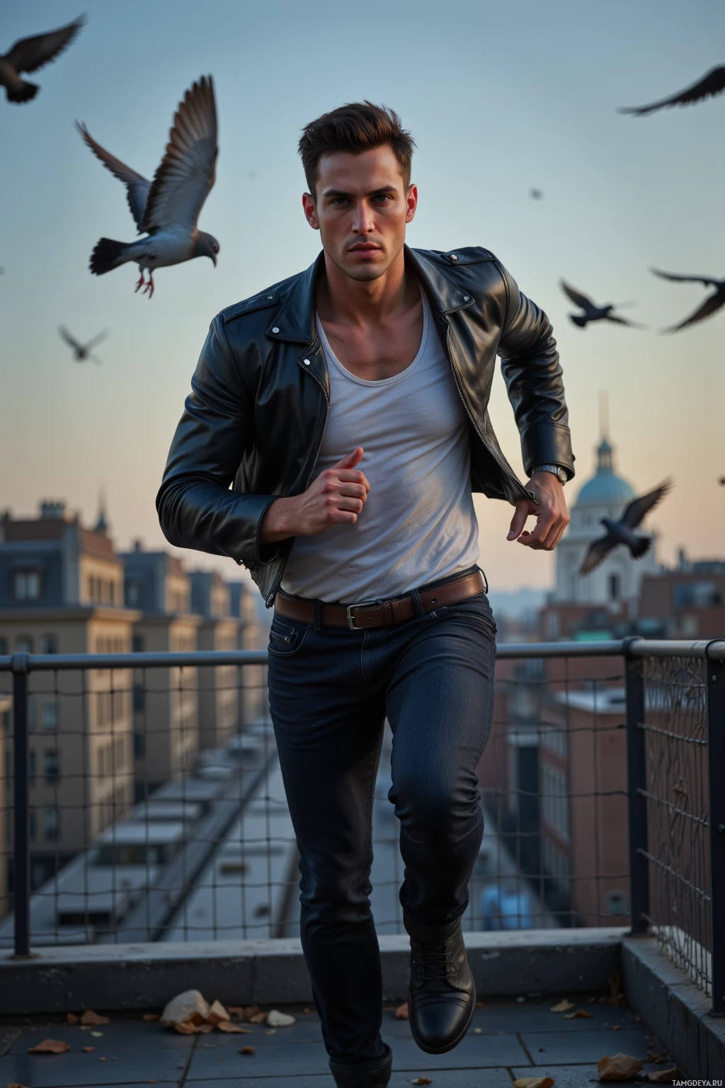 A man in a leather jacket and jeans stands on a rooftop with pigeons flying in the background.