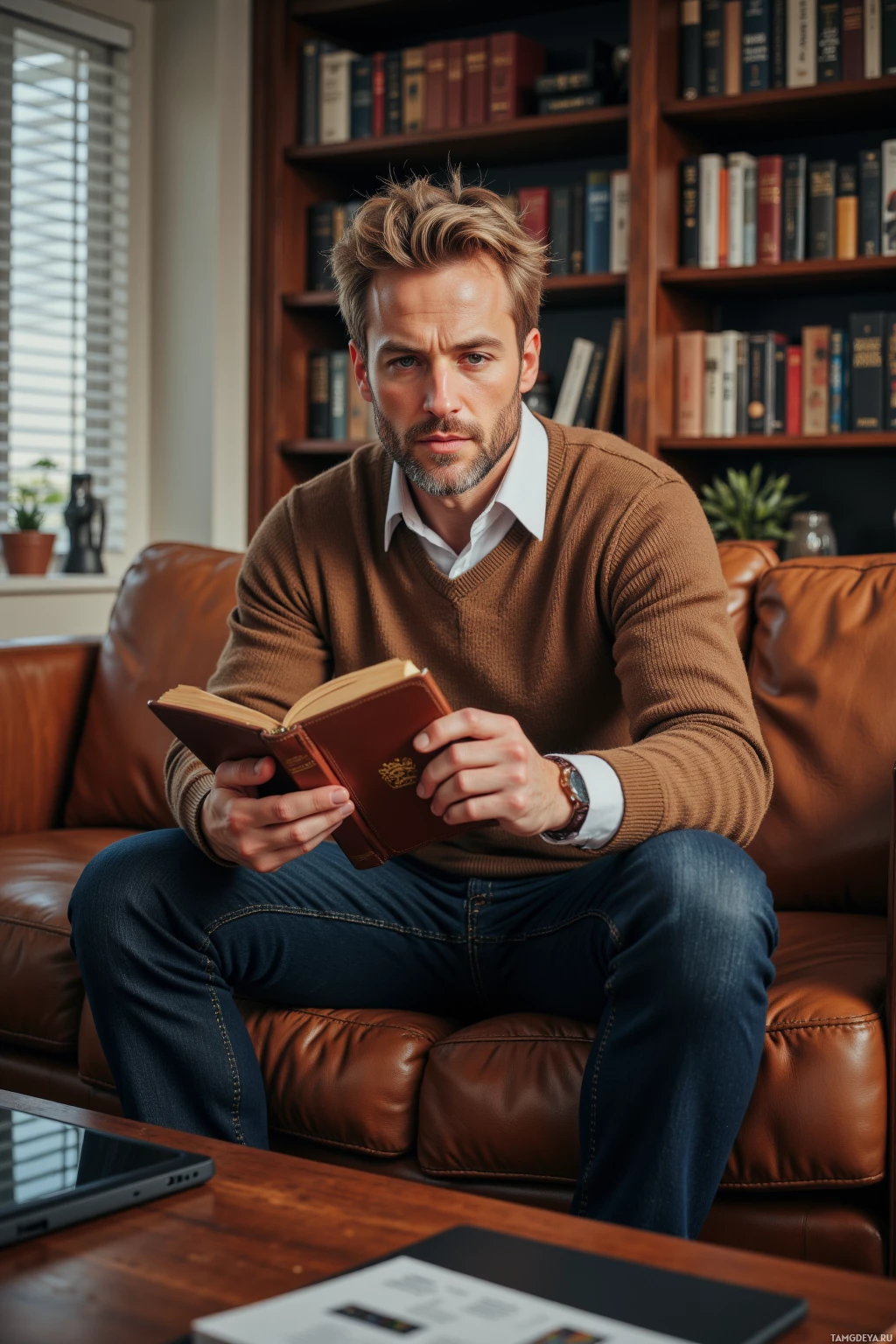 A man sits on a leather couch, reading a book in a cozy room with bookshelves.