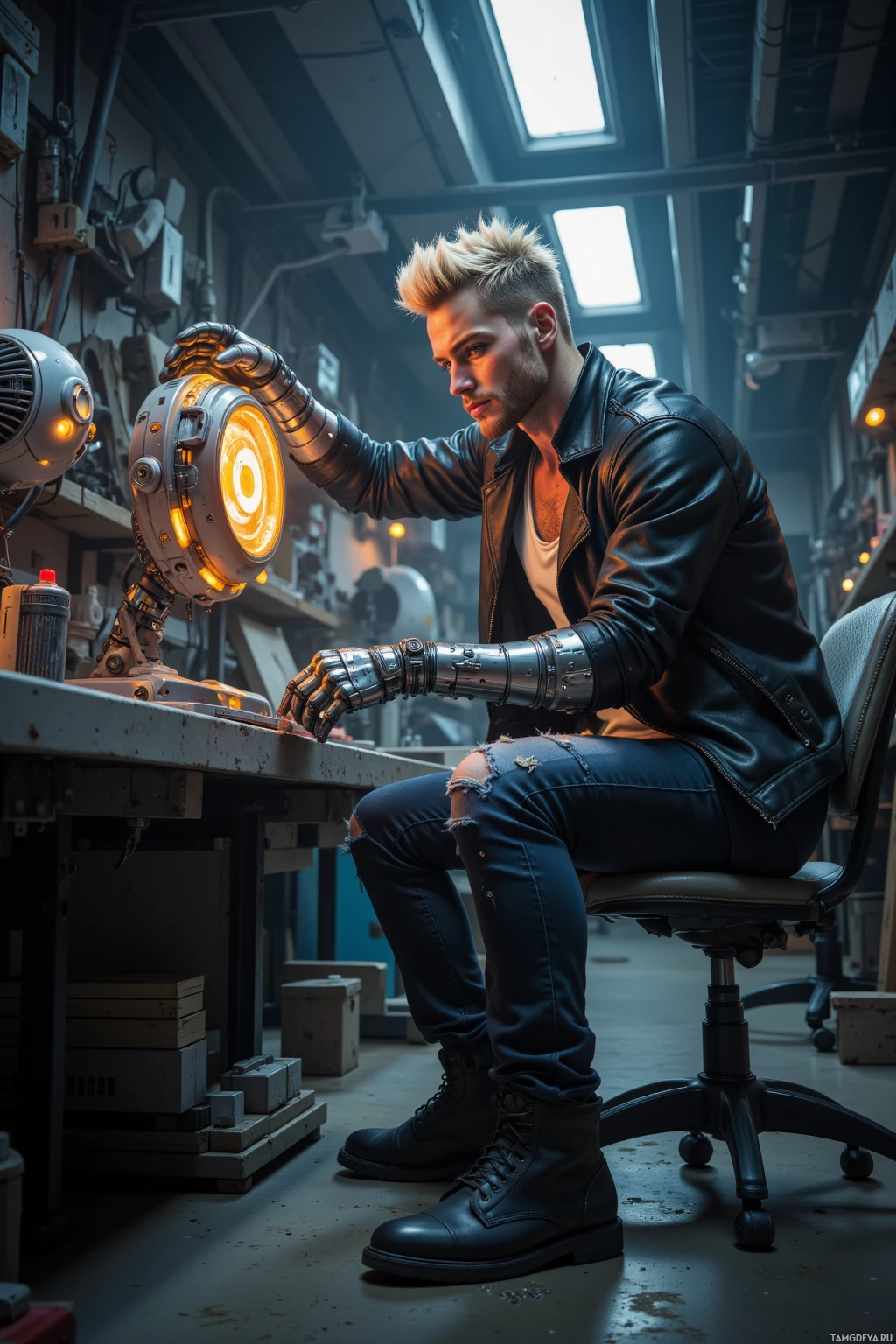 A person with a cybernetic arm sits in a workshop, working on a mechanical device.