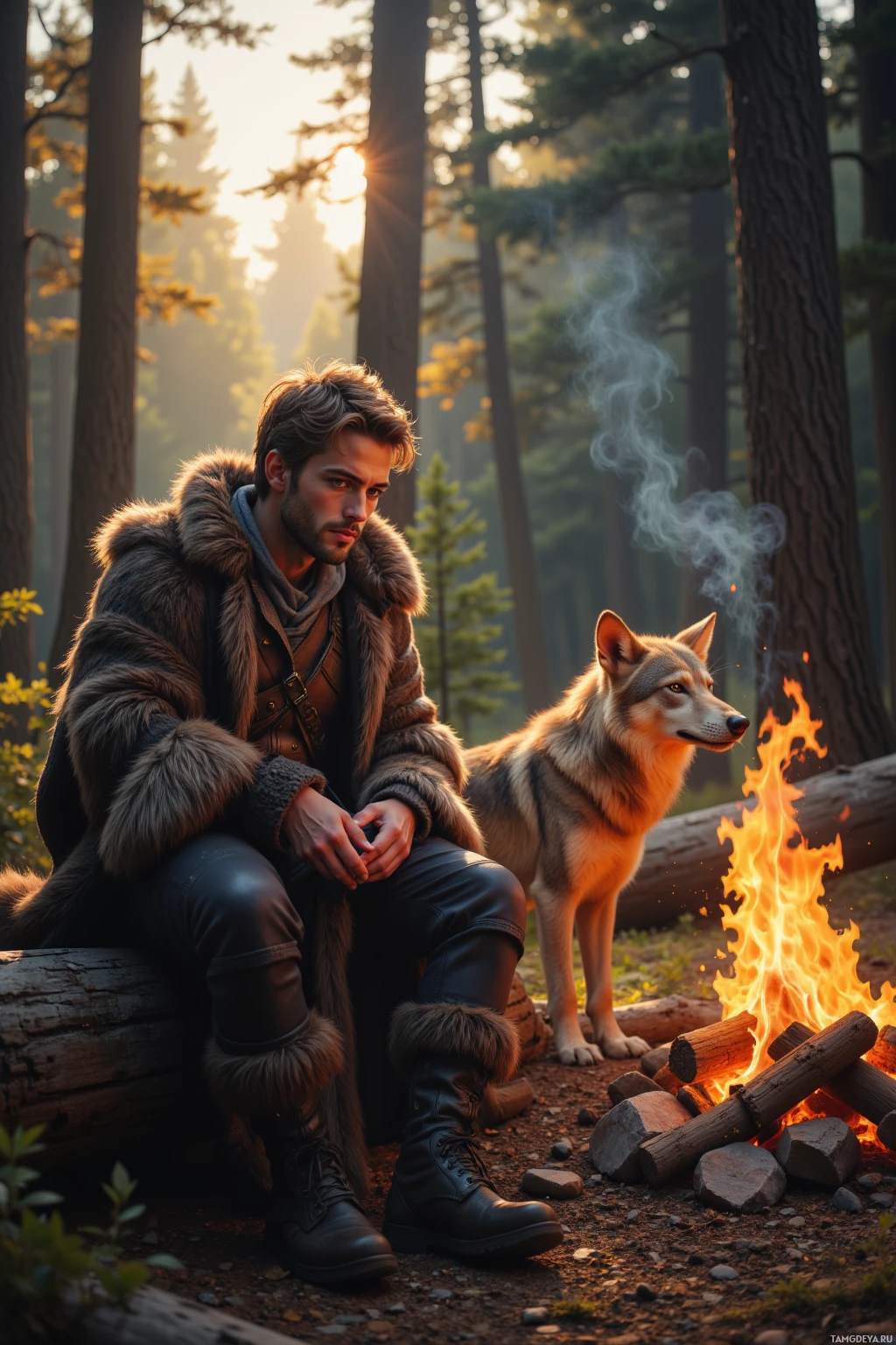 A man in a fur coat sits beside a campfire with a wolf in a forest.