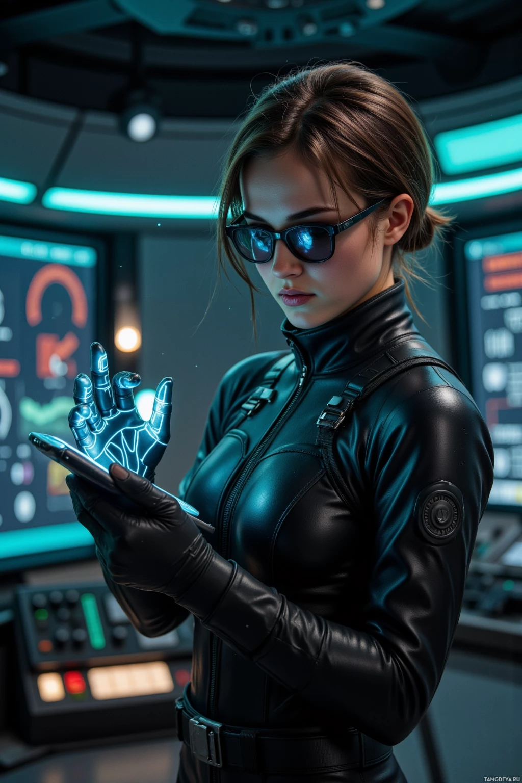 A person in a futuristic black outfit and gloves is holding a glowing device in a high-tech environment.