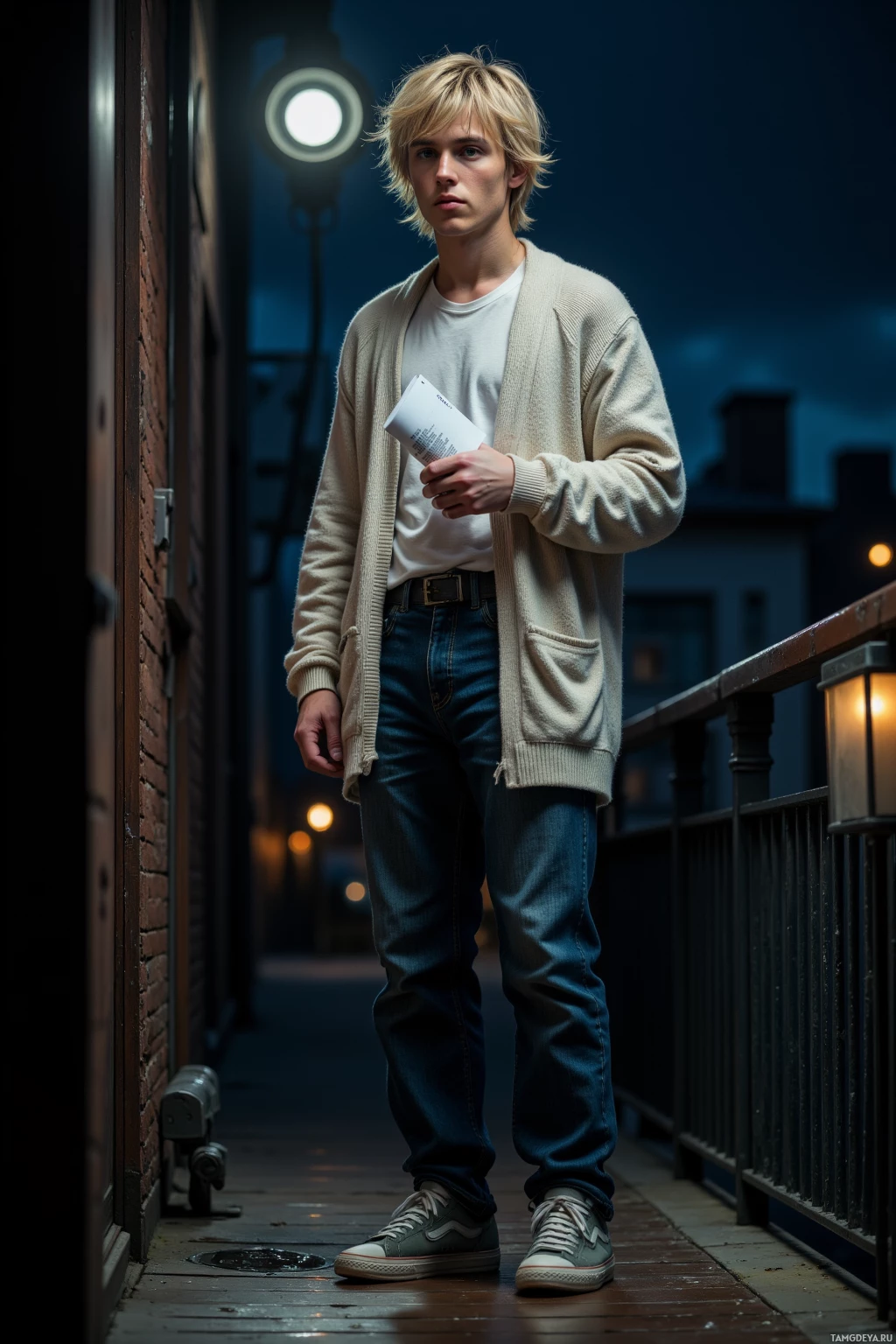 A person stands on a dimly lit street at night, holding a piece of paper, wearing a beige cardigan, white t-shirt, blue jeans, and sneakers.