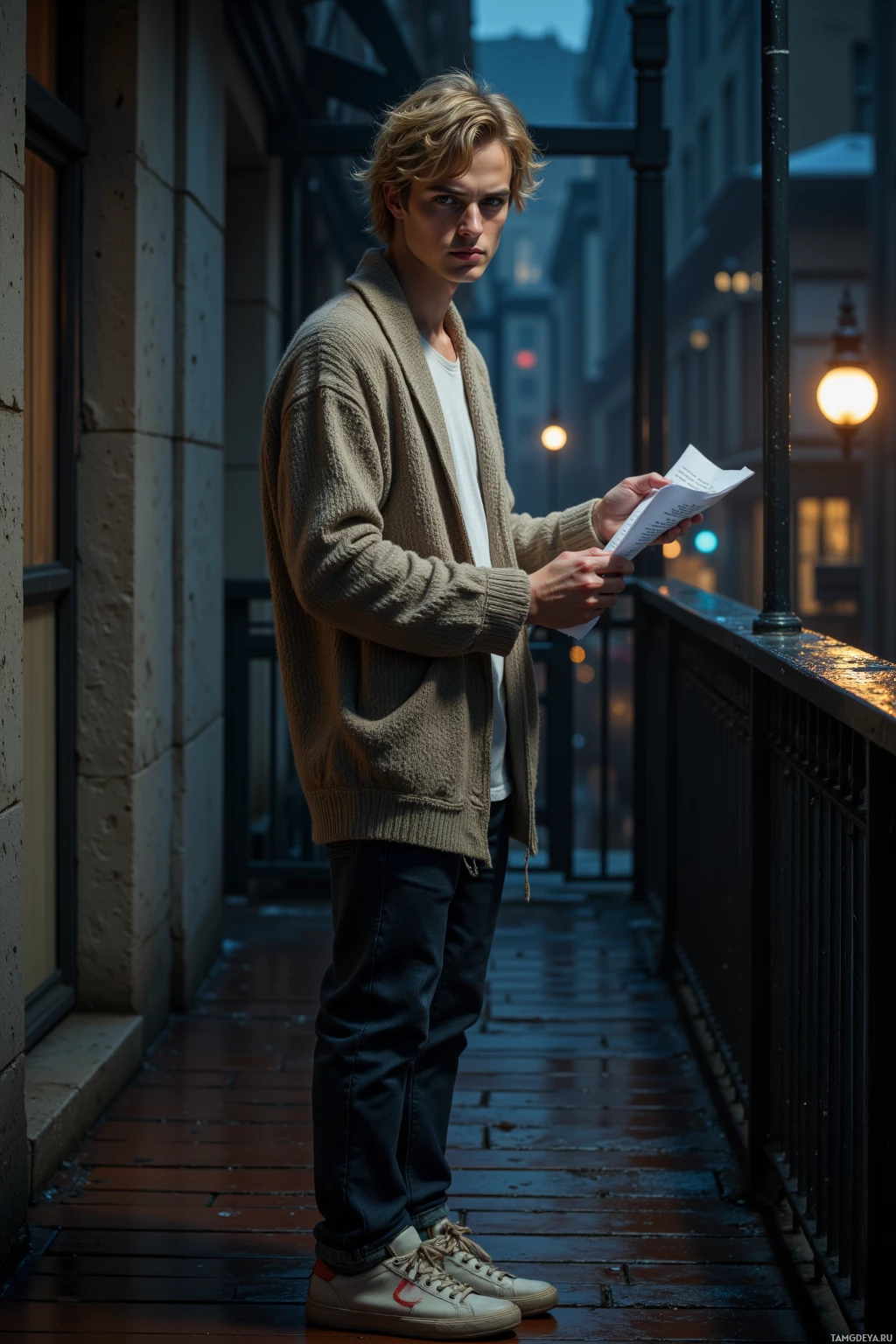 A young man stands on a wet street at night, holding a piece of paper.