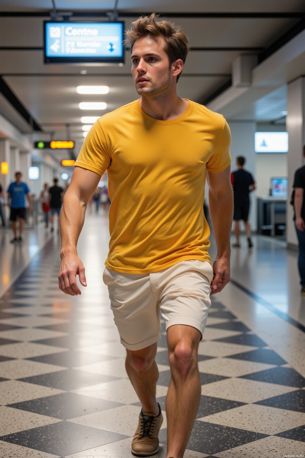 A man in a yellow t-shirt and white shorts walks through a corridor.
