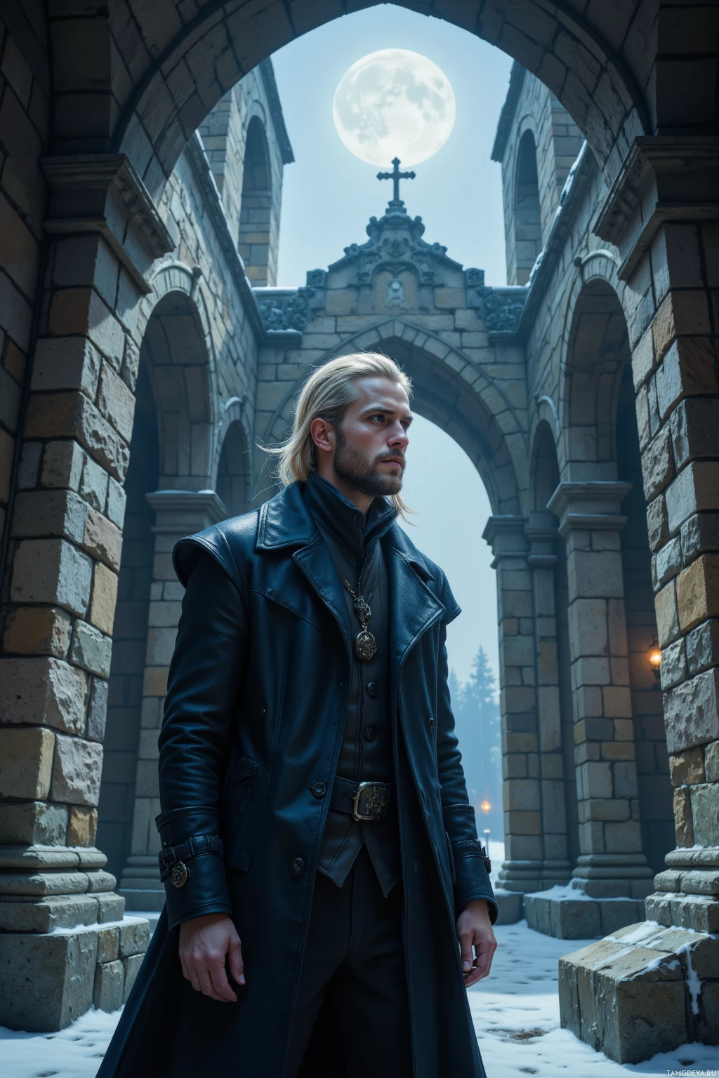 A man in a leather coat stands in a stone archway under a full moon.
