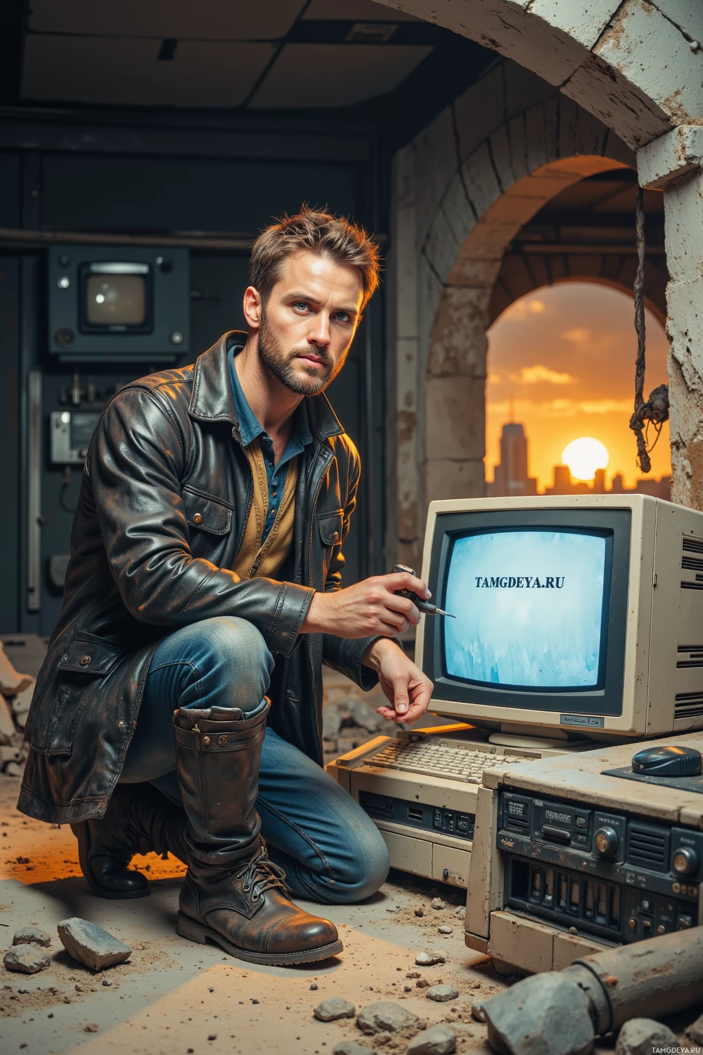 A man in a leather jacket kneels beside an old computer in a dilapidated setting with a cityscape in the background.