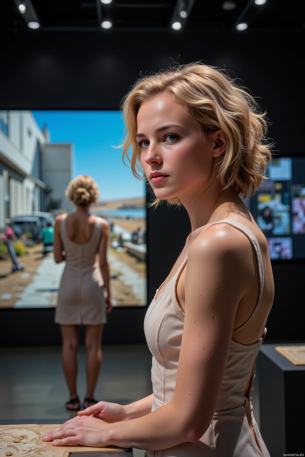 A woman in a beige dress stands in a modern indoor setting with a large screen in the background.