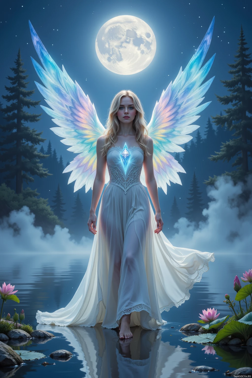 A woman with glowing wings stands gracefully by a serene lake under a full moon.