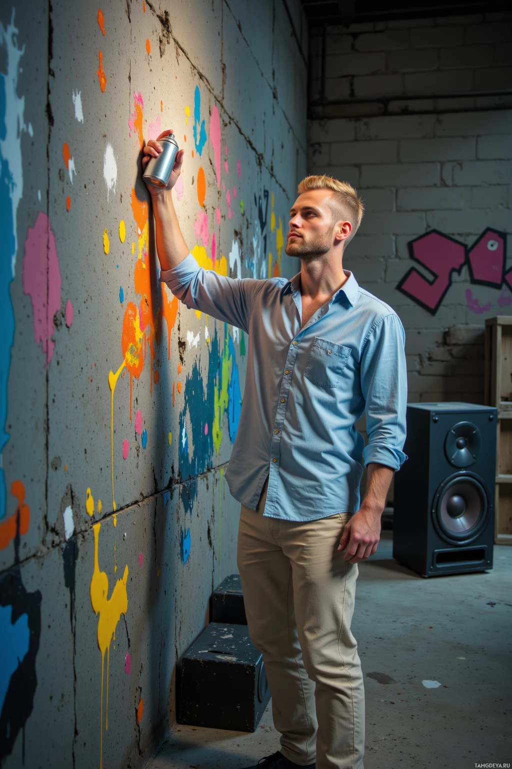 A man in a light blue shirt stands in a room with a wall covered in colorful spray paint.