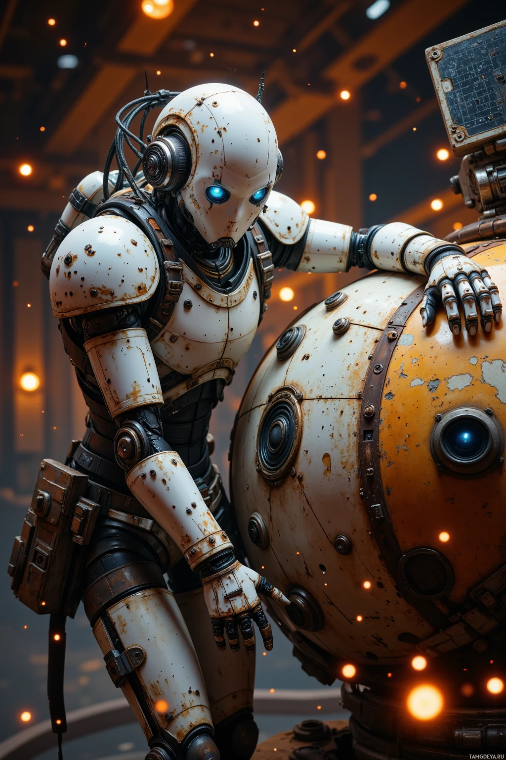 A detailed, rusted robot with glowing blue eyes and mechanical arms stands beside a large, spherical object in a dimly lit environment.