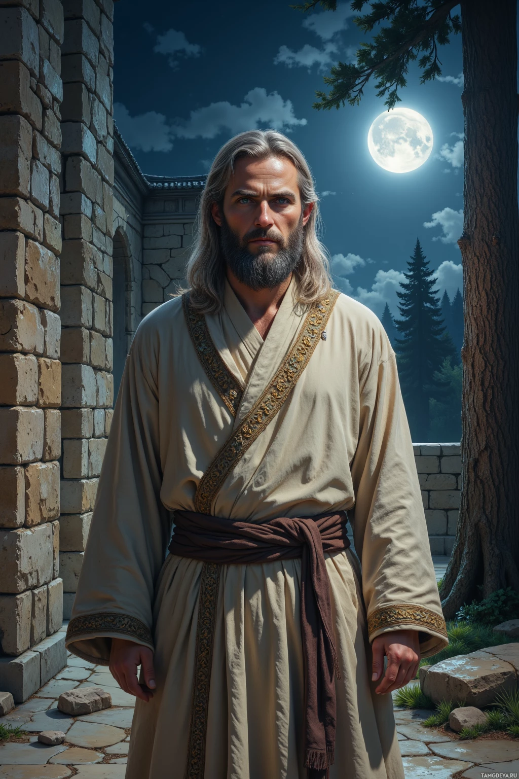 A man in traditional robes stands in front of a stone structure under a night sky with a full moon.