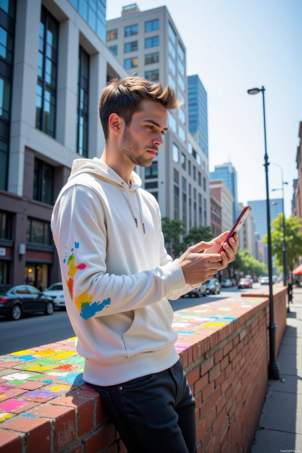 A person in a white hoodie stands on a sidewalk, leaning against a colorful brick wall, looking at a phone.