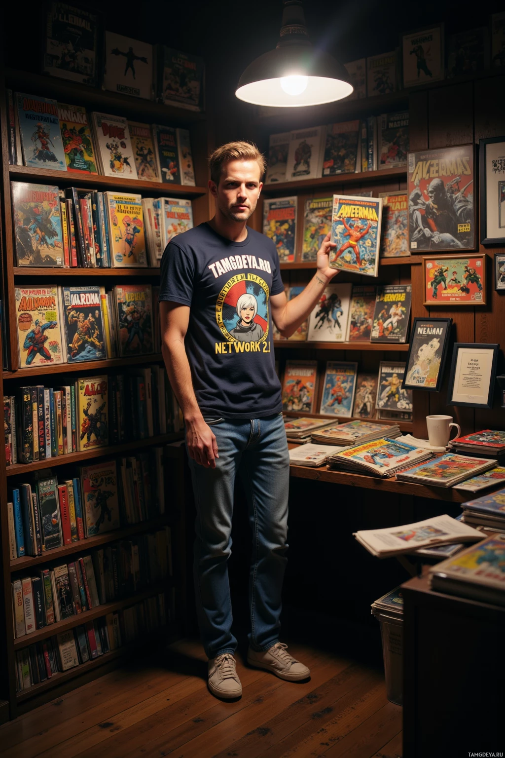 A person stands in a dimly lit room filled with comic books, holding a comic book.