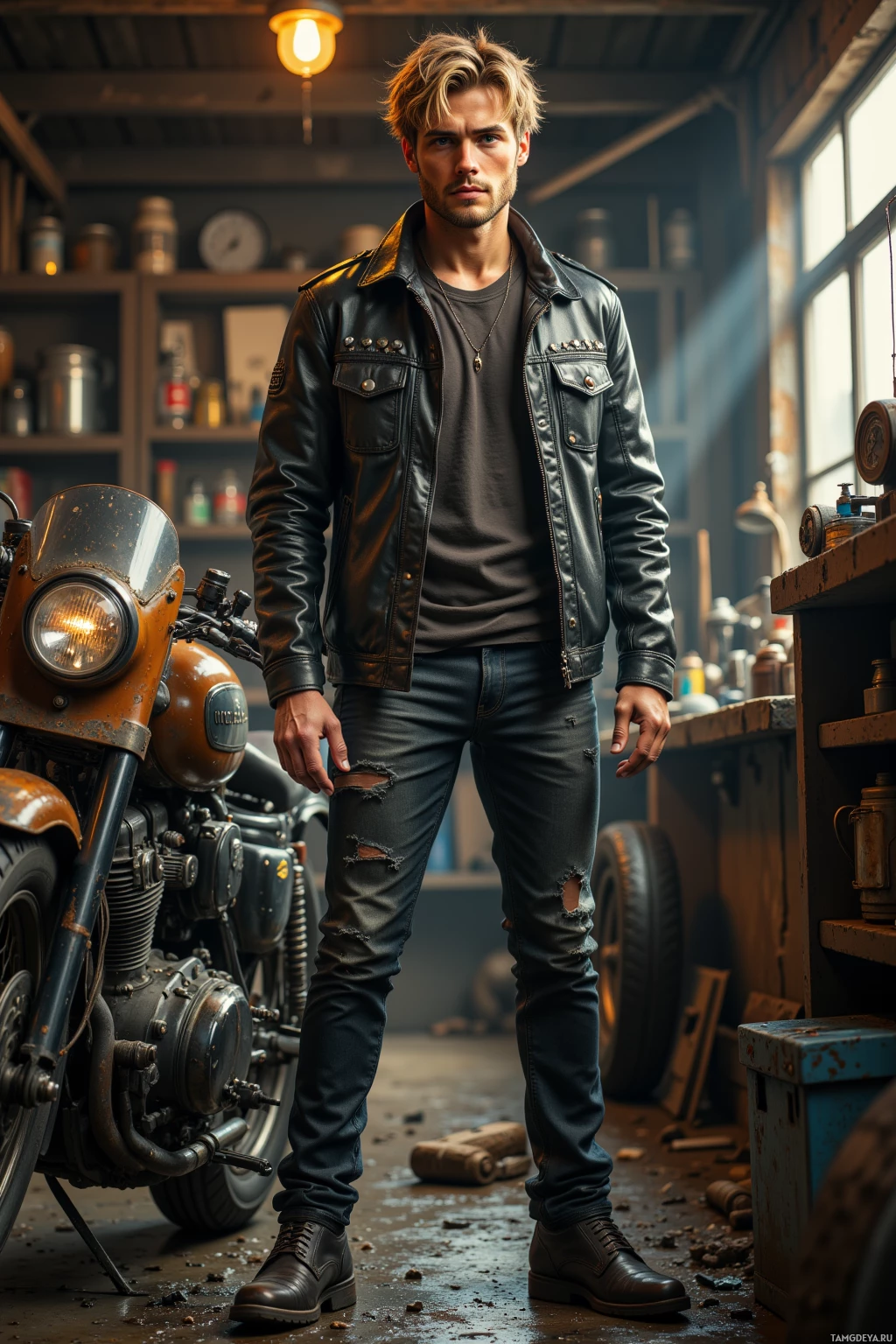A man stands in a workshop, wearing a leather jacket and jeans, with a motorcycle in the background.