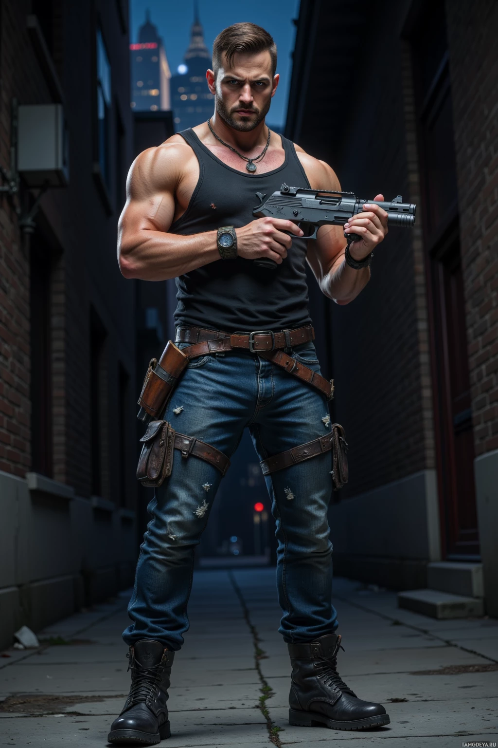 A muscular man in a black tank top and jeans holds a gun in an urban alleyway at night.
