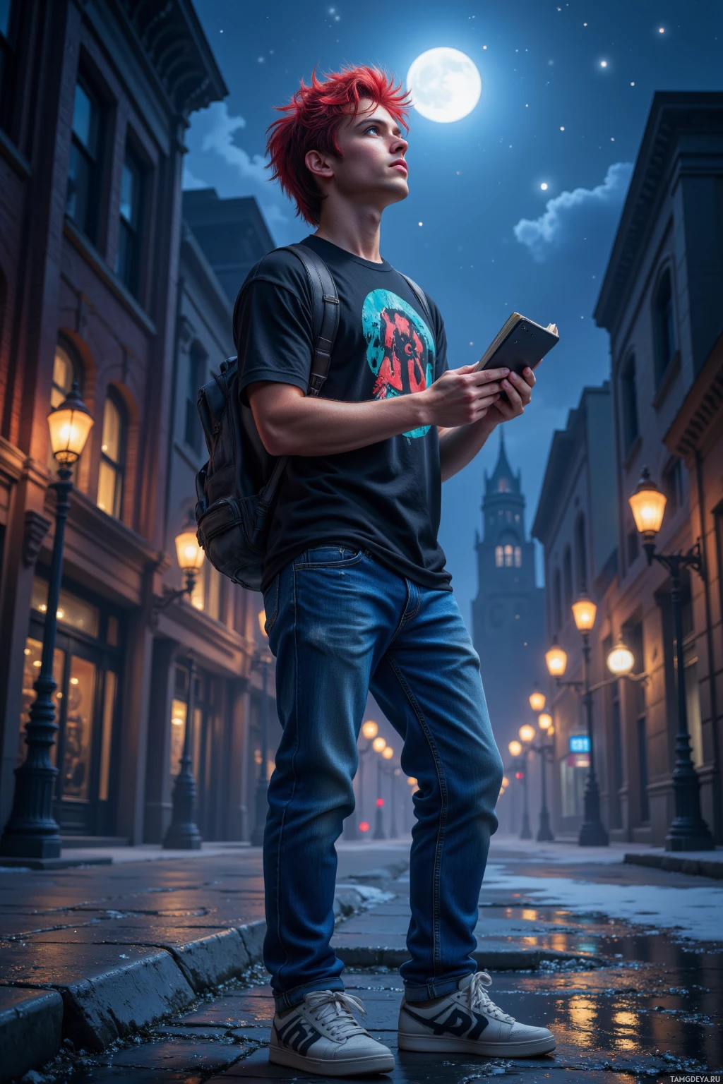 A young man with red hair stands on a cobblestone street at night, holding a notebook and looking up at the moon.