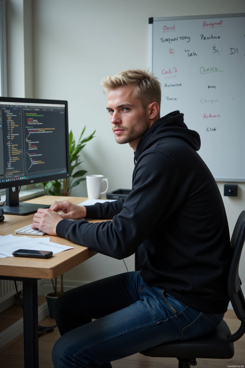 A person sits at a desk in front of a computer, wearing a black hoodie and jeans, with a whiteboard in the background.