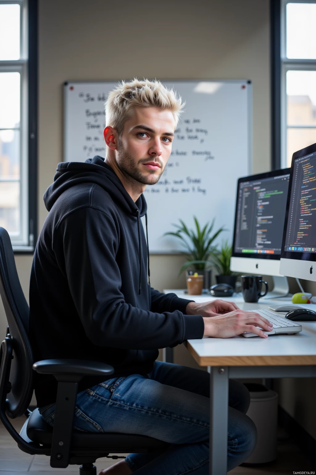 A person in a hoodie sits at a desk working on a computer.