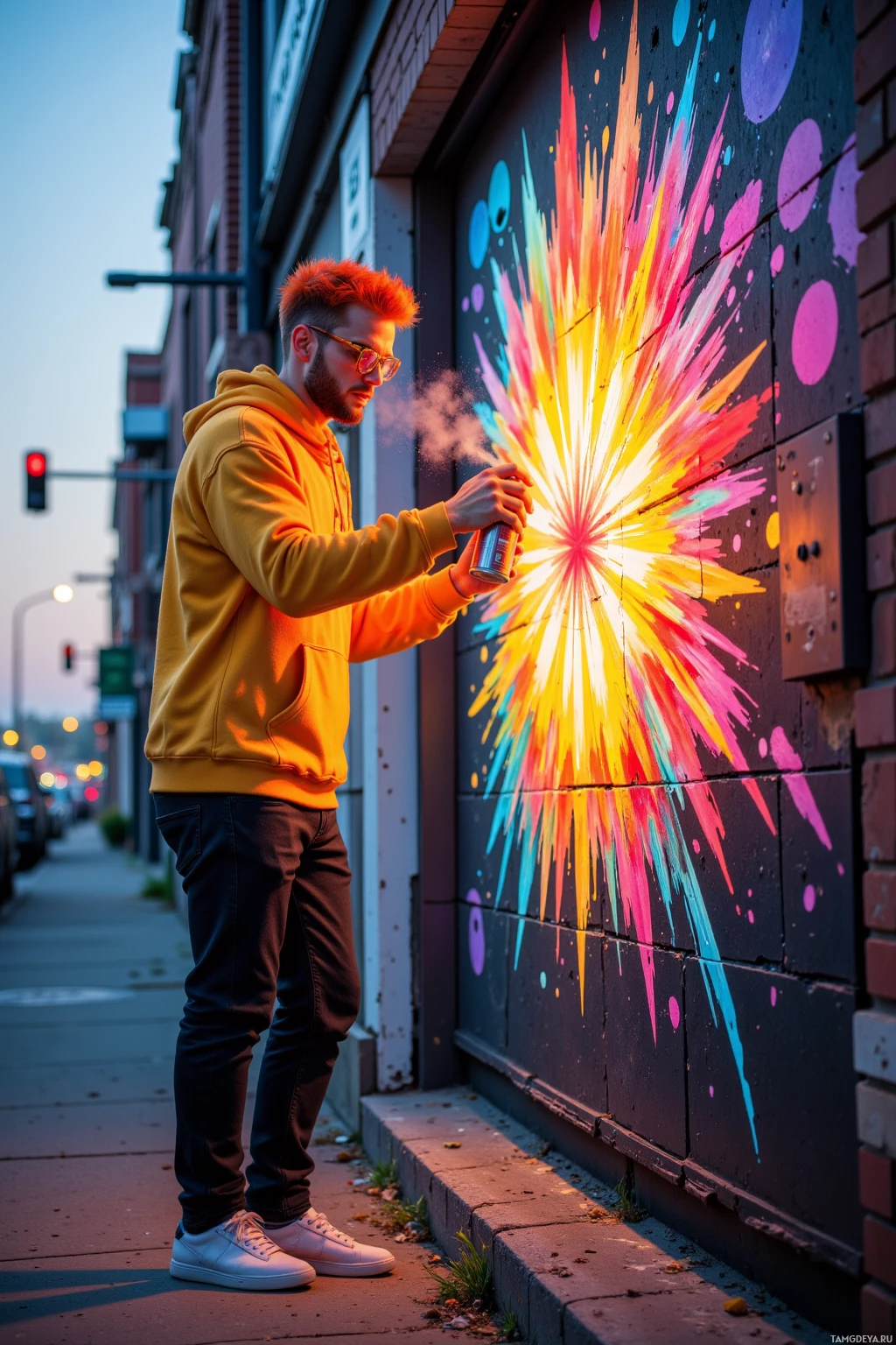 A person wearing a yellow hoodie spray paints a colorful burst on a wall.