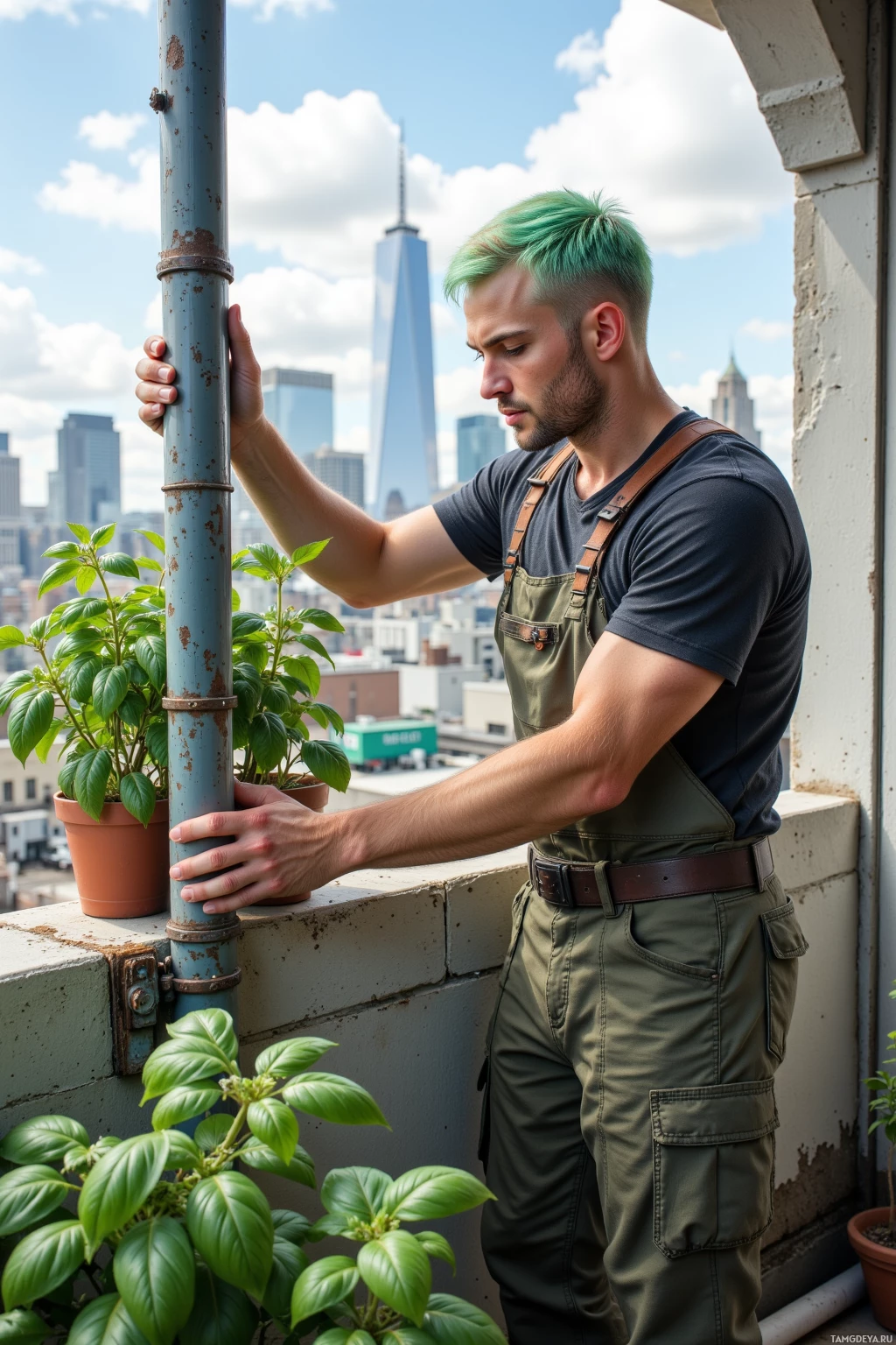 A man in overalls stands on a rooftop, holding a pole, with a cityscape and a potted plant in the foreground.