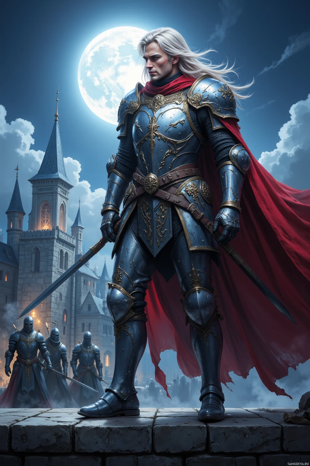 A knight in blue armor stands on a castle wall under a full moon.