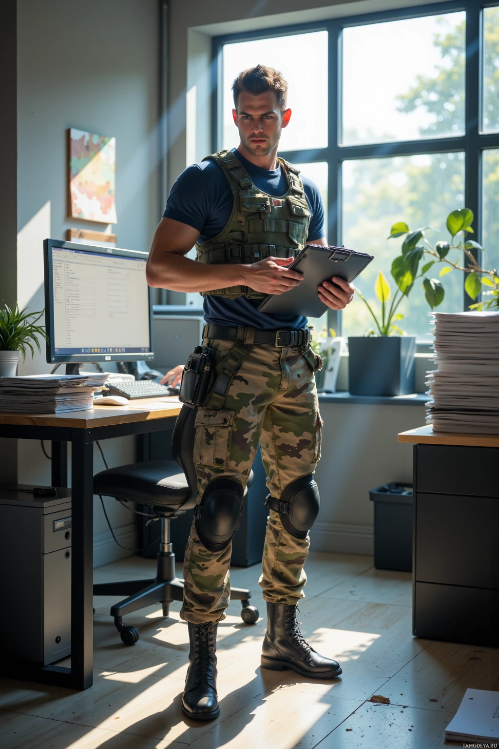 A person in military attire stands in an office holding a clipboard.