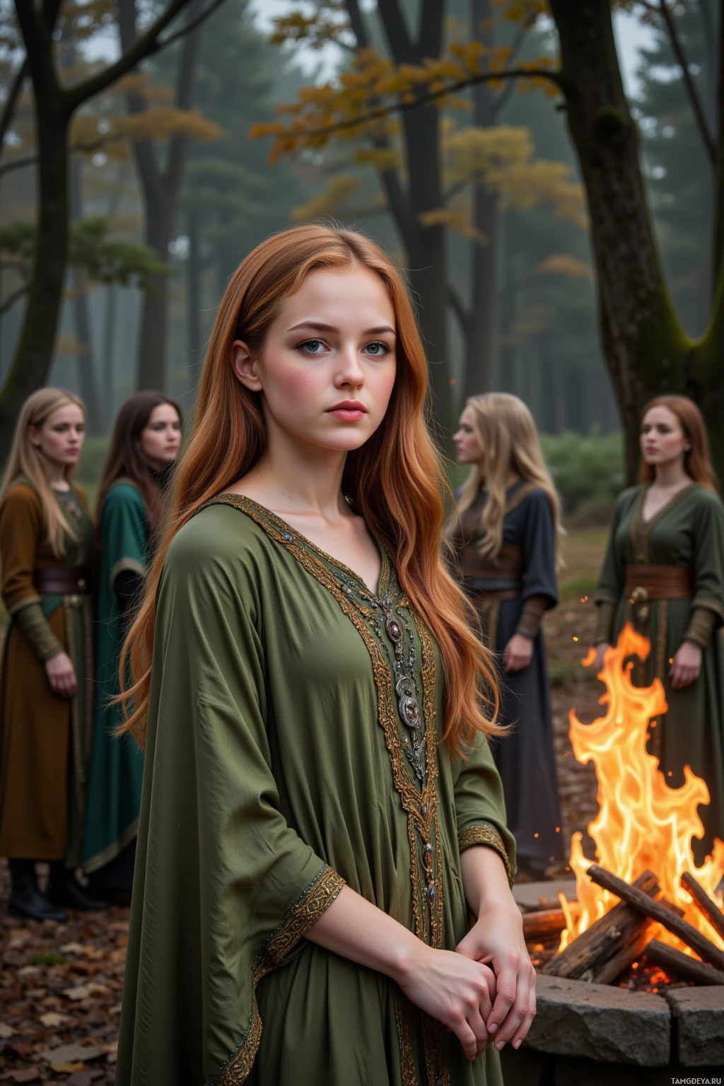 A group of women in medieval-style attire stands in a forest near a fire.