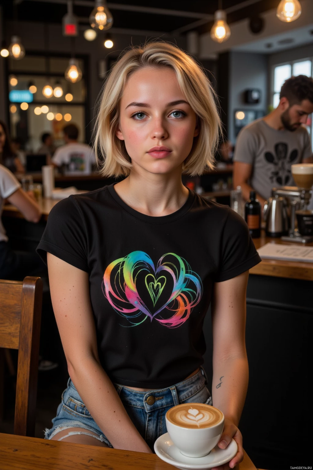 A person wearing a black t-shirt with a colorful heart design holds a cup of coffee in a café setting.