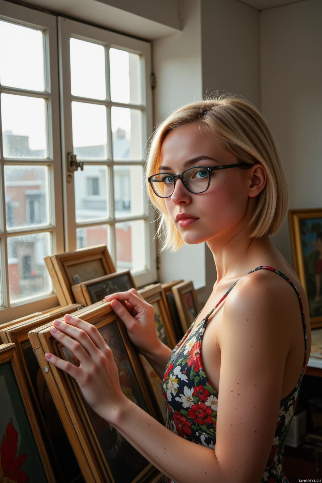A woman with short blonde hair and glasses stands near a window, holding a framed picture.