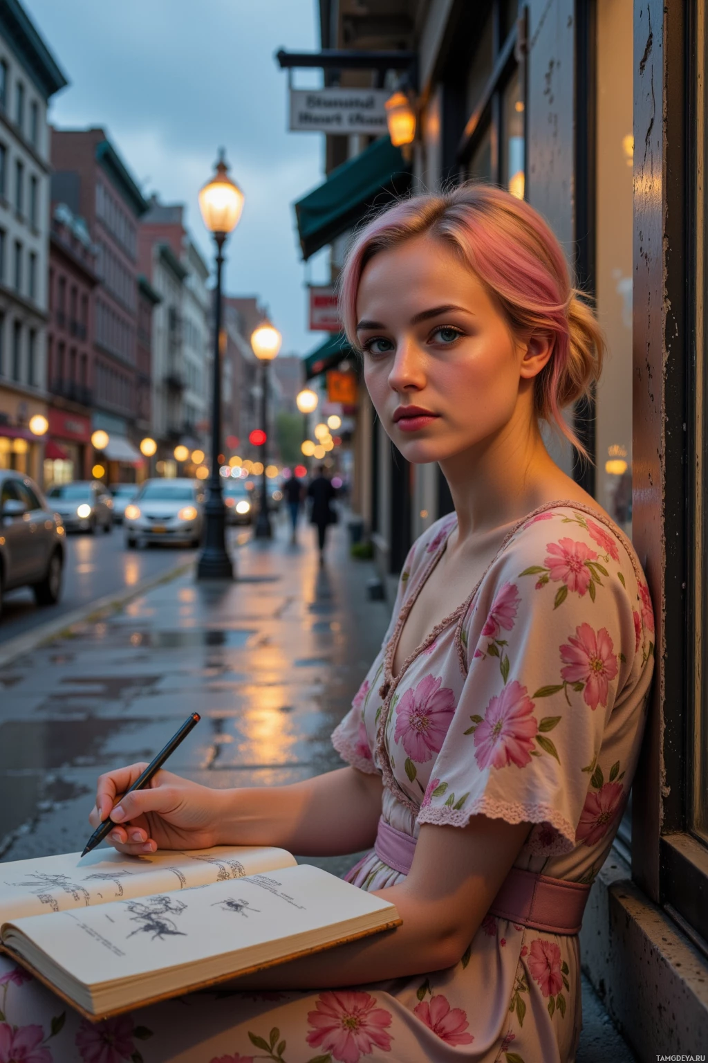 A woman with pink hair leans against a window, holding a pen and sketchbook on a rainy street.